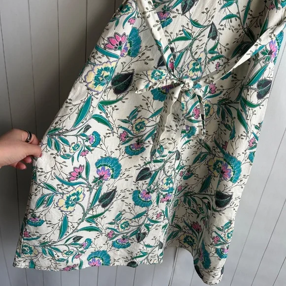 LOFT size L puff sleeve midi dress linen blend beige floral belted split neck - Picture 7 of 16